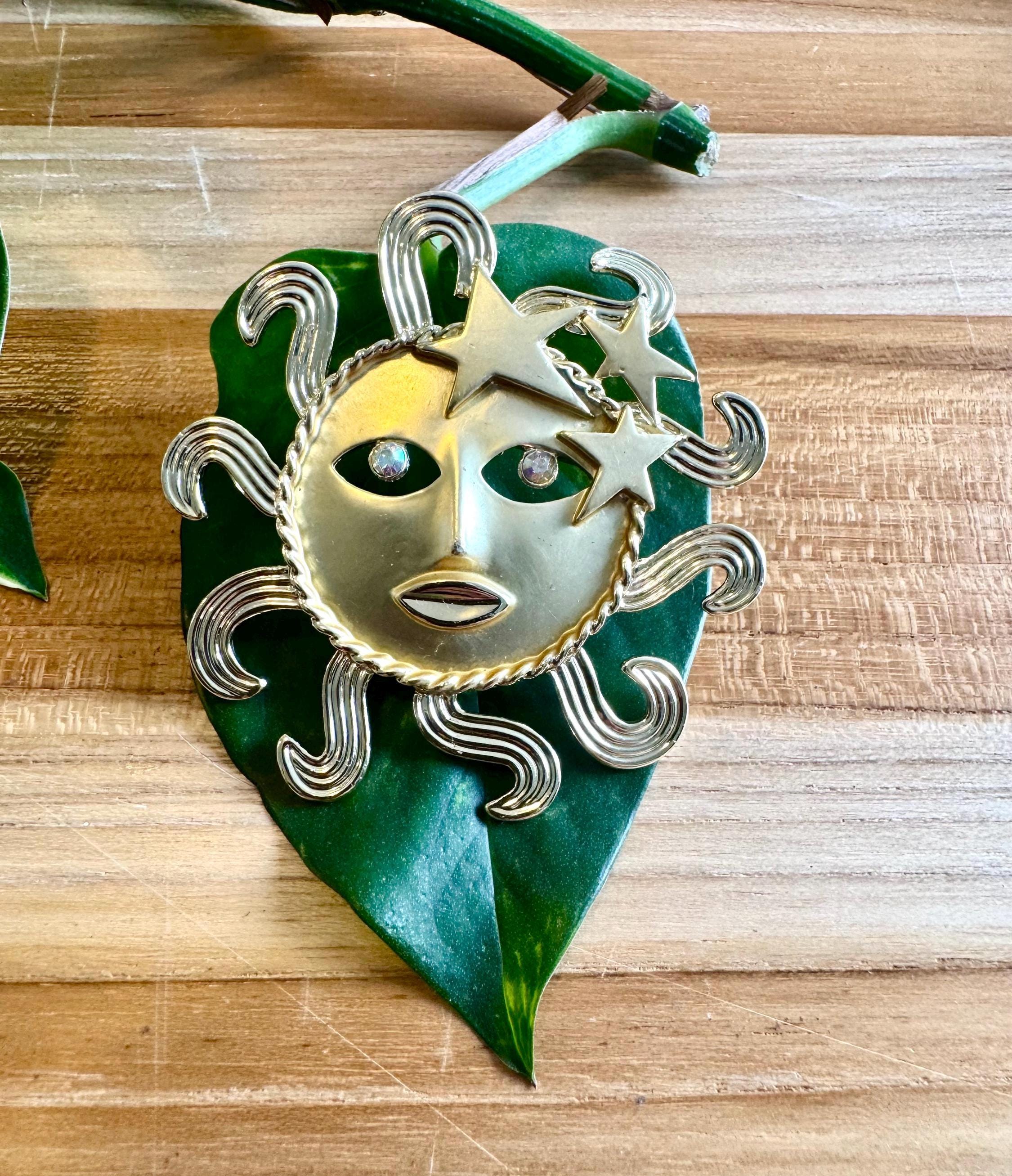 Vintage JJ Jonette Jewelry 1980s Anthropomorphic Celestial Sun Rhinestone Eye Fantasy Brooch Pin