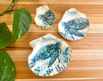 Plato decorativo con forma de concha de tortuga marina y vieira, ideal para guardar anillos y otros objetos. Decoración playera para el hogar. Soporte para joyas. Decoración náutica para el hogar. Regalo con forma de concha marina. Decoración oceánica.