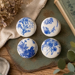 Handmade Chinoiserie Blue & White Botanical Decorative Cabinet Knobs Cottagecore Drawer Pulls French Country Furniture Hardware Floral Decor