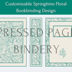 Puede incluir: Tres diseños de encuadernación de libros con un patrón floral en tonos verdes sobre un fondo crema. El texto "PRESSED PAGE BINDERY" se superpone a los diseños.