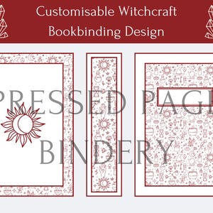 Puede incluir: Tres diseños de encuadernación de libros con fondo blanco y contornos rojos de varios símbolos de brujería, incluyendo lunas, estrellas, cristales y manos. El texto "Customisable Witchcraft Bookbinding Design" está en la parte superior de la imagen. El texto "PRESSED PAGE BINDERY" está superpuesto sobre los diseños.