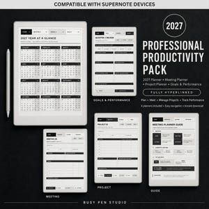 Op de afbeelding: Een digitaal professioneel productiviteitspakket voor Supernote-apparaten, met een 2027-jaarkalender, vergaderplanner, projectplanner en doelen- en prestatietracker. De set bevat een stylus en toont volledig gehyperlinkte pagina's.