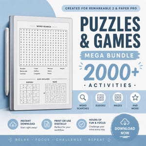 reMarkable 1, 2 and Paper Pro Puzzle Games Bundle - Huge Set of 2000+ Activities (Wordsearch, Sudoku, Crossword and More)