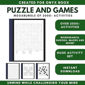 Pode incluir: Um megapacote digital de quebra-cabeças e jogos para Onyx Boox, com mais de 2000 atividades. Inclui caça-palavras, Sudoku, labirintos e muito mais. Download instantâneo. Projetado para desafiar a mente.