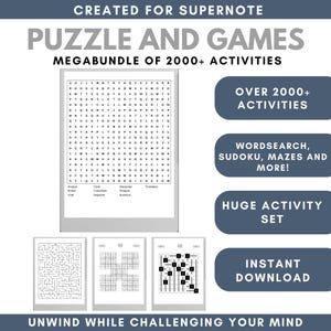 May include: Digital image advertising a puzzle and games megabundle with over 2000 activities. Includes word searches, Sudoku, mazes, and more. The image also mentions an instant download and a huge activity set.