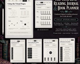 Op de afbeelding: Een digitaal leesdagboek en boekenplanner voor e-ink apparaten, met diverse schermweergaven zoals My Bookshelves, Book Journals, Ratings, My Genre Wheel en Reflections & Favourites, voorzien van een navigatie met hyperlinks.