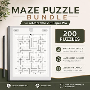 May include: A digital maze puzzle bundle for reMarkable 2 & Paper Pro. The image shows a digital tablet displaying a maze, a stylus, and text that reads "200 Puzzles", "3 Difficulty Levels", "Maze Shapes Included", and "Clean E-Ink Layout".