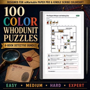 Pode incluir: Um tablet digital exibe um quebra-cabeça lógico intitulado The Elegant Whisper and Nothing Else, com um mapa em grade, pistas sobre suspeitos e um espaço para o assassino. Ao lado, há uma lupa e um conjunto de cartões de arquivo marrons.