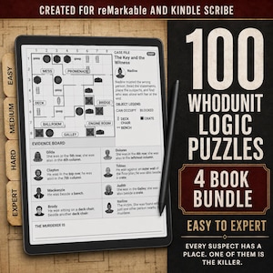 Peut inclure: Une tablette numérique affichant un casse-tête logique intitulé The Key and the Witness, avec une grille de plan d'étage, un tableau de preuves avec des déclarations de suspects et un stylet noir. Le texte indique 100 Whodunit Logic Puzzles.