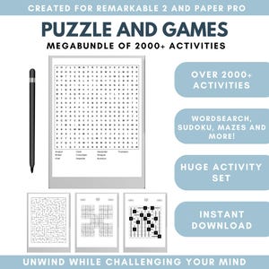 May include: A digital puzzle and games megabundle for Remarkable 2 and Paper Pro tablets. Includes word searches, Sudoku, mazes, and more. Features over 2000 activities, a huge activity set, and instant download.