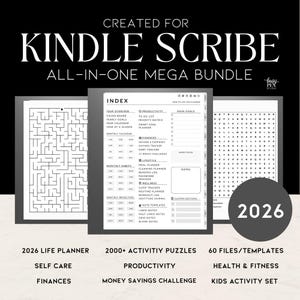 Può includere: Un pacchetto di pianificatori digitali per Kindle Scribe, con un life planner 2026, puzzle di attività e modelli. Include sezioni per finanze, produttività, salute e cura di sé. Progettato per l'uso digitale.