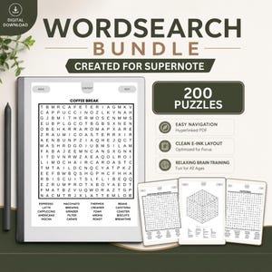 Op de afbeelding: Een digitale woordzoekerbundel voor Supernote, met 200 puzzels. De afbeelding toont een tablet met een woordzoeker met koffiethema, met extra puzzels en een stylus. Inclusief eenvoudige navigatie en ontspannende hersentraining.