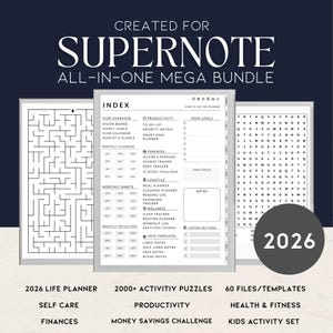 Op de afbeelding: Een digitale plannerbundel met de tekst "SUPERNOTE ALL-IN-ONE MEGA BUNDLE". De bundel bevat een doolhof, index en een pagina met een lijst met doelen en trackers. De afbeelding bevat ook de tekst "2026" en andere tekst zoals "2000+ ACTIVITY PUZZLES".