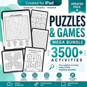 May include: A digital puzzle and game bundle for iPad featuring word searches, Sudoku, mazes, and crime mystery layouts. The text reads Created for iPad, Puzzles & Games Mega Bundle 3500+ Activities, and includes icons for word searches, Sudoku, mazes, logic puzzles, and crime mystery.