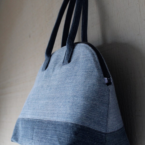 SALE** 25% OFF - Denim Doctor Handbag with Interior Pocket and Lined with a Blue Printed Vintage Paris Inspired Cotton Fabric 262493421