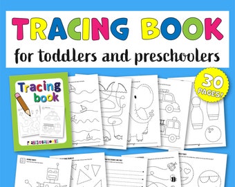 May include: A tracing book for toddlers and preschoolers with 30 pages. The cover features a colorful title and a pencil with a tracing book on it. The pages show various images to trace, including a boat, an elephant, a fire truck, a bowling pin, a robot, triangles, and bees.