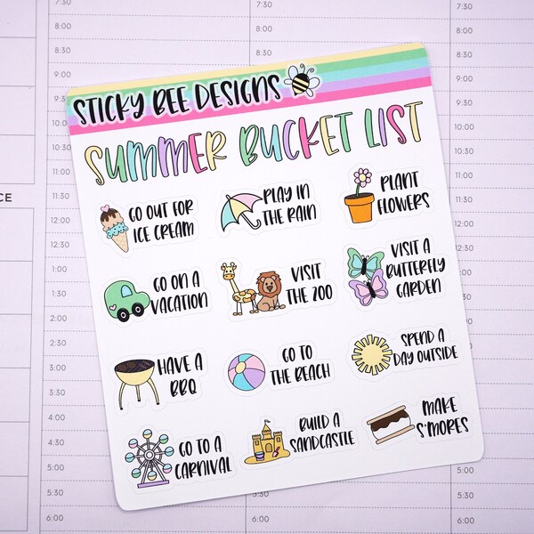 12 Summer Bucket List Planner Stickers, Stickers for Planning, Rainbow Stickers, Hand Drawn