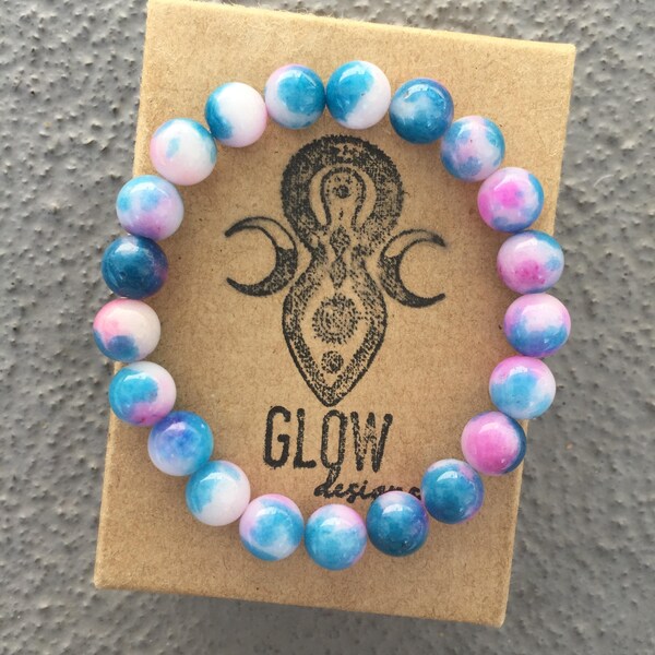 Turquoise, Pink + White Ocean Jade Yoga/Meditation Mermaid Mala Bracelet
