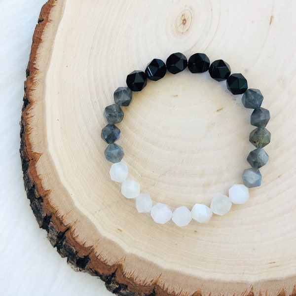 Ombré Moon Phases Yoga + Meditation Wrist Mala GLOW designs Gemstone Healing Bracelet | Star Cut Black Onyx, Labradorite, Moonstone