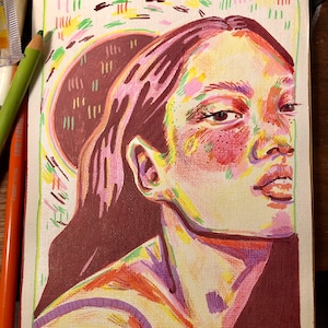 Funky Gal ~ A5 Signed Original Artwork ~ Mixed Media on Loose Canvas Sheet ~ Posca Pen and Polychromos