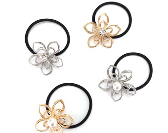 cubic/pearl embellished metal flower ponytail holder thin twisted metal woman elastic band floral hair ties for women hair accessories