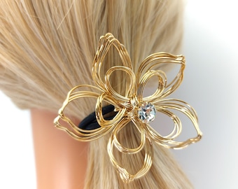 cubic/pearl embellished metal big flower bud ponytail holder thin twisted metal woman elastic band floral hair ties for women hair accessory