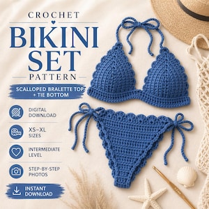 May include: A blue crochet bikini set with a scalloped bralette top and tie bottom. The image includes text that says "CROCHET BIKINI SET PATTERN" and details about digital download, XS-XL sizes, intermediate level, step-by-step photos, and instant download.