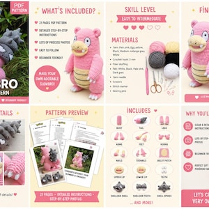 May include: A crochet pattern for a Slowbro Pokémon, featuring a pink body, beige belly, and gray tail. The pattern includes detailed instructions, step-by-step photos, and is beginner-friendly. Finished size is 13 inches (33 cm).