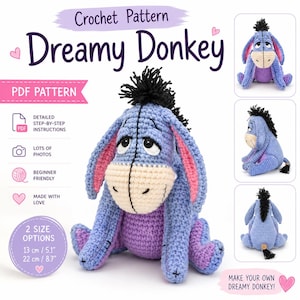 May include: A crochet pattern for a Dreamy Donkey, featuring a blue and purple stuffed donkey with a black mane. The image includes text, PDF pattern details, and two size options of 5.1 inches and 8.7 inches, with three additional views.