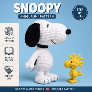 May include: A crochet amigurumi pattern featuring a white dog with a black ear, collar, and nose, alongside a small yellow bird. The text reads SNOOPY AMIGURUMI PATTERN, STEP BY STEP, DETAILED PATTERN, EASY TO FOLLOW, PERFECT GIFT, SNOOPY & WOODSTOCK CROCHET PATTERN.