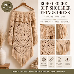 Puede incluir: Un vestido beige de ganchillo con hombros descubiertos, mangas largas y flecos. El patrón presenta motivos circulares y un dobladillo en punta. El texto incluye BOHO CROCHET OFF-SHOULDER FRINGE DRESS, CROCHET PATTERN, SKILL LEVEL INTERMEDIATE, SIZE S/M (US 4-10), STEP-BY-STEP PHOTO TUTORIAL e INSTANT DOWNLOAD.