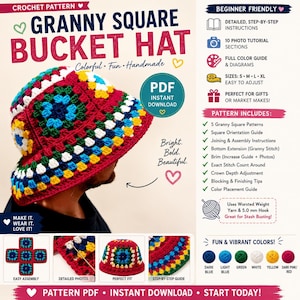 May include: A crochet pattern for a granny square bucket hat. The PDF includes step-by-step instructions, photo tutorials, and a color guide. The hat features a vibrant, multi-colored design using worsted weight yarn and a 5.0 mm hook.