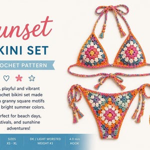 May include: A crochet bikini set in vibrant colours, featuring a triangle top and a bottom with granny square motifs. The set includes a matching round coaster. The image text reads "Sunset Bikini Set Crochet Pattern".