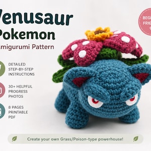 Könnte beinhalten: Ein Häkelmuster für ein Venusaur Pokemon Amigurumi. Die blaue Kreatur hat rote Augen und Ohren, mit einer Blume auf dem Rücken mit rosa und gelben Blütenblättern. Der Text lautet "Venusaur Pokemon Amigurumi Pattern" und "Beginner Friendly".