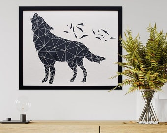 Wolf Paper Art - Geometric Wall Art - Laser Cut from Paper - Framed Black and White Artwork