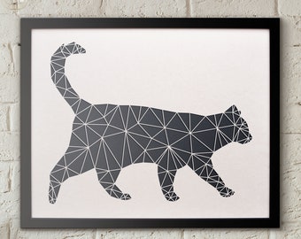 Cat Paper Art - Geometric Wall Art - Laser Cut from Paper - Framed Black and White Artwork