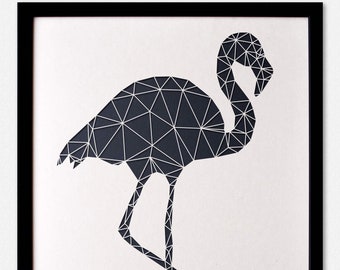 Flamingo Paper Art XL - Geometric Wall Art - Laser Cut from Paper - Framed Black and White Artwork