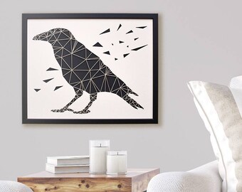 Raven Paper Art - Geometric Wall Art - Laser Cut from Paper - Framed Black and White Artwork