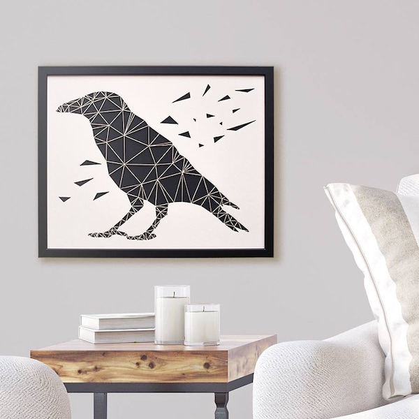 Raven Paper Art - Geometric Wall Art - Laser Cut from Paper - Framed Black and White Artwork