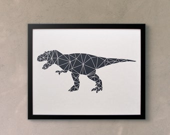 Tyrannosaurus Rex Paper Art - Geometric Wall Art - Laser Cut from Paper - Framed Black and White Artwork
