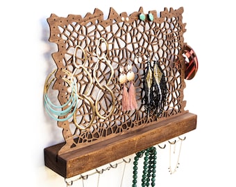 Soporte de joyería hecho a mano para la pared con ganchos: almacenamiento de joyas para aretes, tachuelas, collares, pulseras, enchufes, cadenas