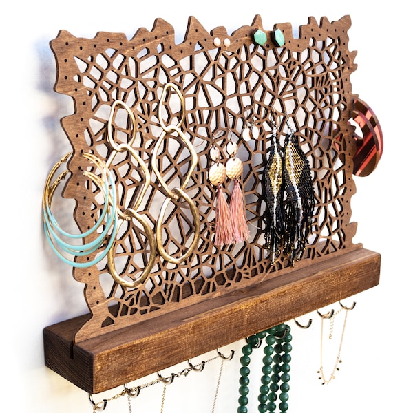 Soporte de joyería hecho a mano para la pared con ganchos: almacenamiento de joyas para aretes, tachuelas, collares, pulseras, enchufes, cadenas