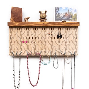Wall Mounted Jewelry Organizer with Abstract Pattern – Wooden Storage Shelf with Hooks for Earrings Necklaces Bracelets