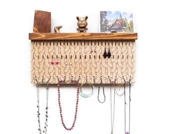 Wall Mounted Jewelry Organizer with Abstract Pattern – Wooden Storage Shelf with Hooks for Earrings Necklaces Bracelets