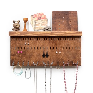 Wall Mounted Jewellery Organizer Handmade from Wood – Walnut Brown Storage Shelf with Hooks for Earrings Necklaces Bracelets