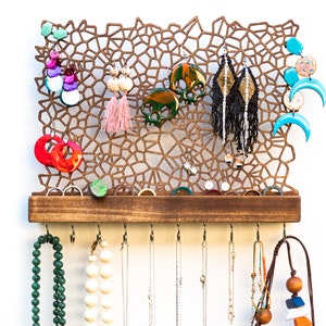 Jewelry organizer with hooks and ring storage -  for earrings necklaces rings bracelets - unique handmade wood wall jewellery display rack