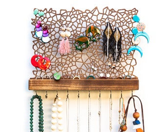 Porte-bijoux en bois avec crochet et rangement pour bagues - pour boucles d'oreilles, chaînes, bracelets, bagues - rangement de bijoux inhabituel pour le mur