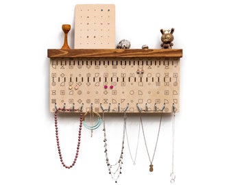 Wall Mounted Jewelry Organizer with Hooks and Geometric Pattern – Storage for Stud and Dangle Earrings, Necklaces and Bracelets