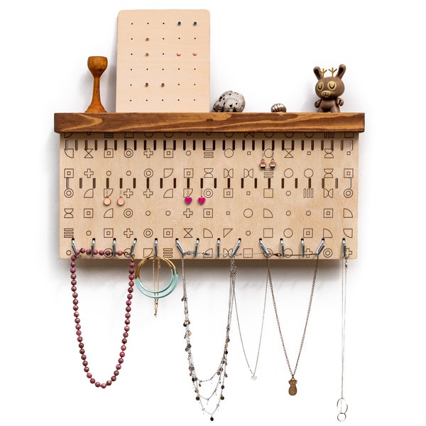 Wall Mounted Jewelry Organizer with Hooks and Geometric Pattern – Storage for Stud and Dangle Earrings, Necklaces and Bracelets