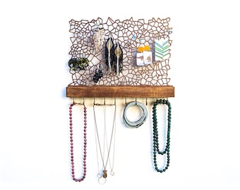 Wall Mounted Jewelry Holder for Earrings Necklaces Bracelets - Handmade Wooden Rack with Hooks  - Nature Inspired Modern Jewellery Display